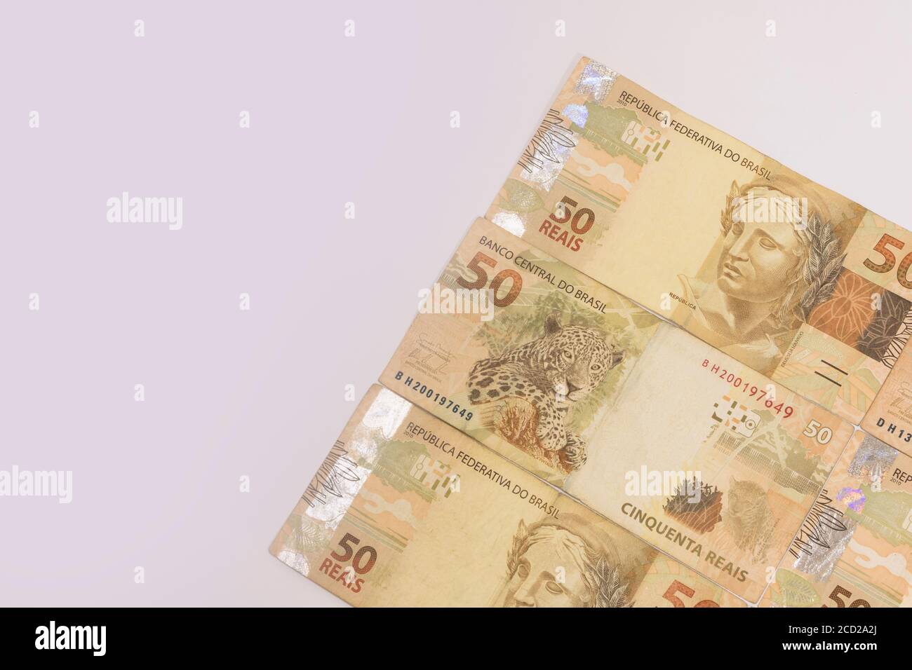 Brazilian money background. Bills called Real. Stock Photo