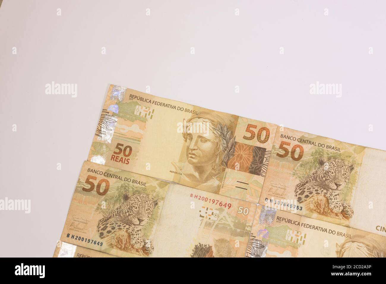 Brazilian money background. Bills called Real. Stock Photo