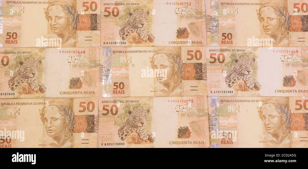 Brazilian money background. Bills called Real. Stock Photo