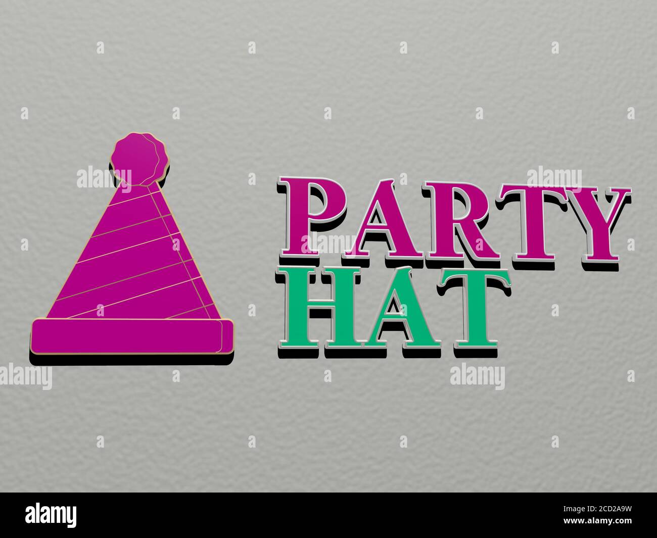 3D illustration of PARTY HAT graphics and text made by metallic dice ...