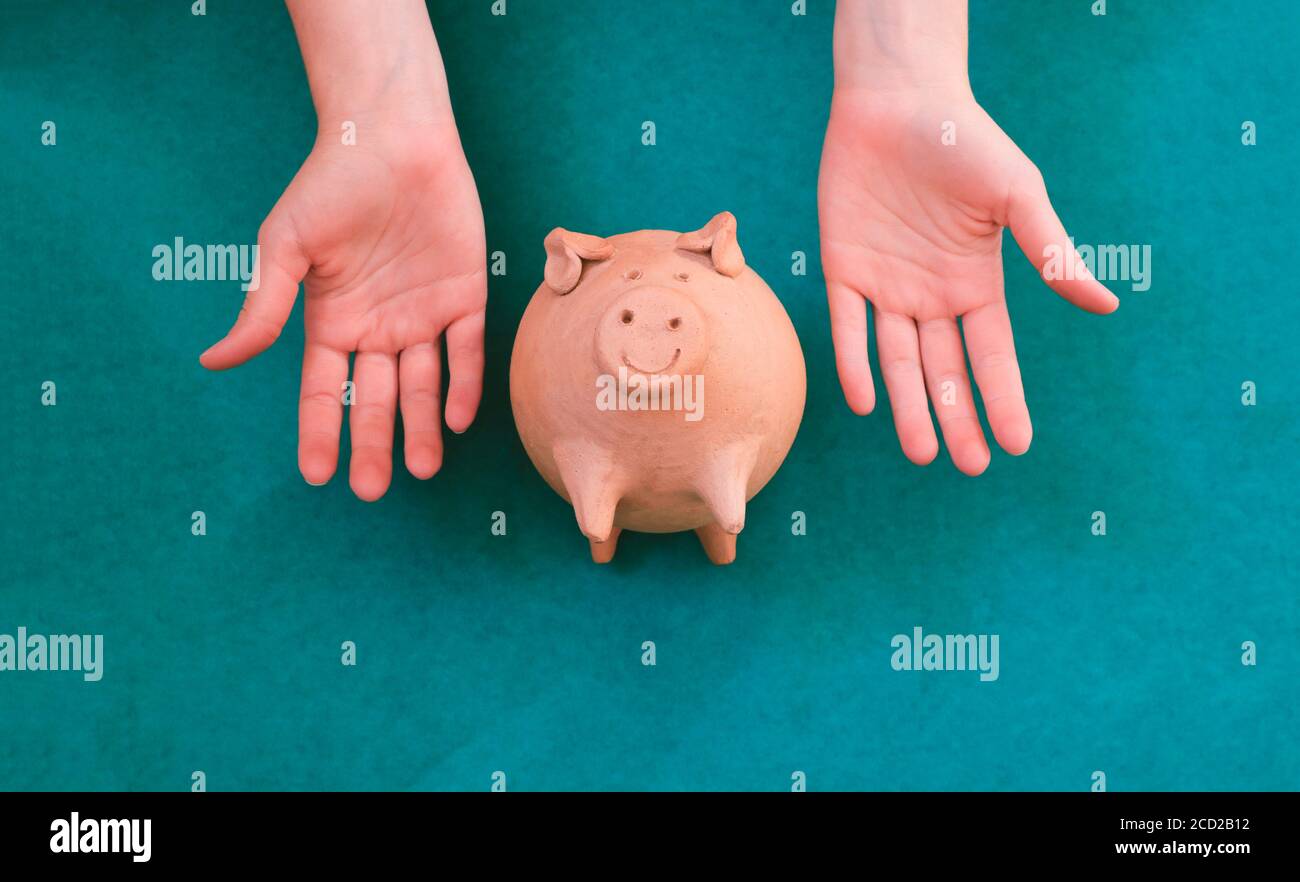 Pig coin interacting with female hands Stock Photo