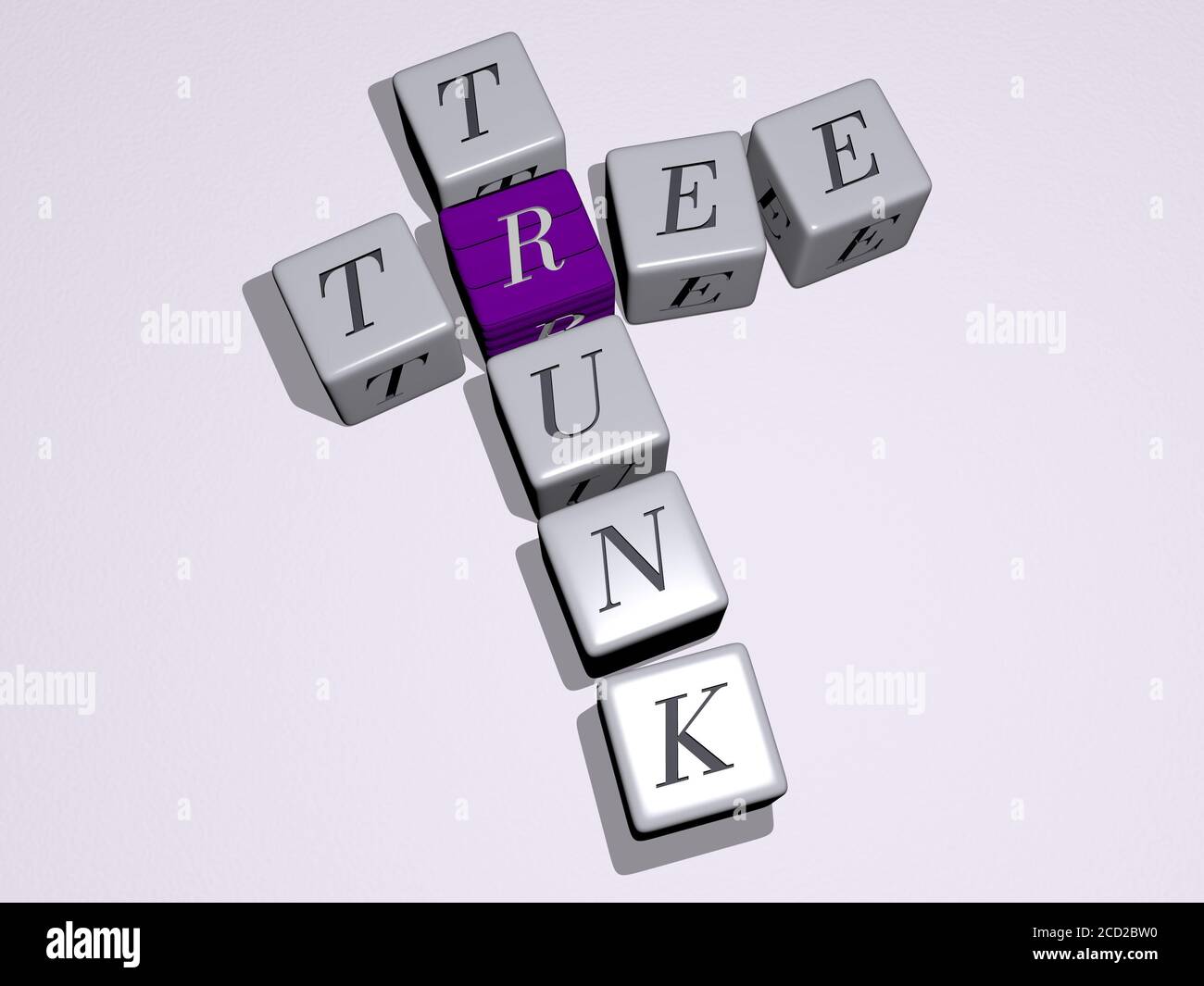 tree trunk crossword by cubic dice letters 3D illustration Stock Photo