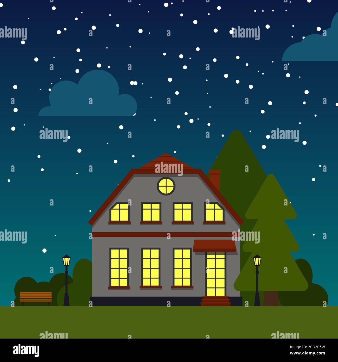 Closeup Night Street with house trees, bush, clouds, flat cartoon square banner. Urban small town landscape. Single house under starry sky. Suburban village neighborhood Cityscape Vector illustration Stock Vector