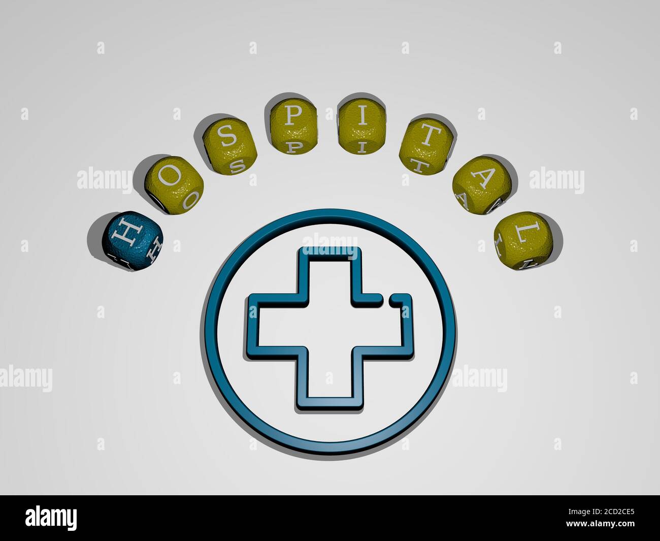 hospital icon surrounded by the text of individual letters, 3D ...