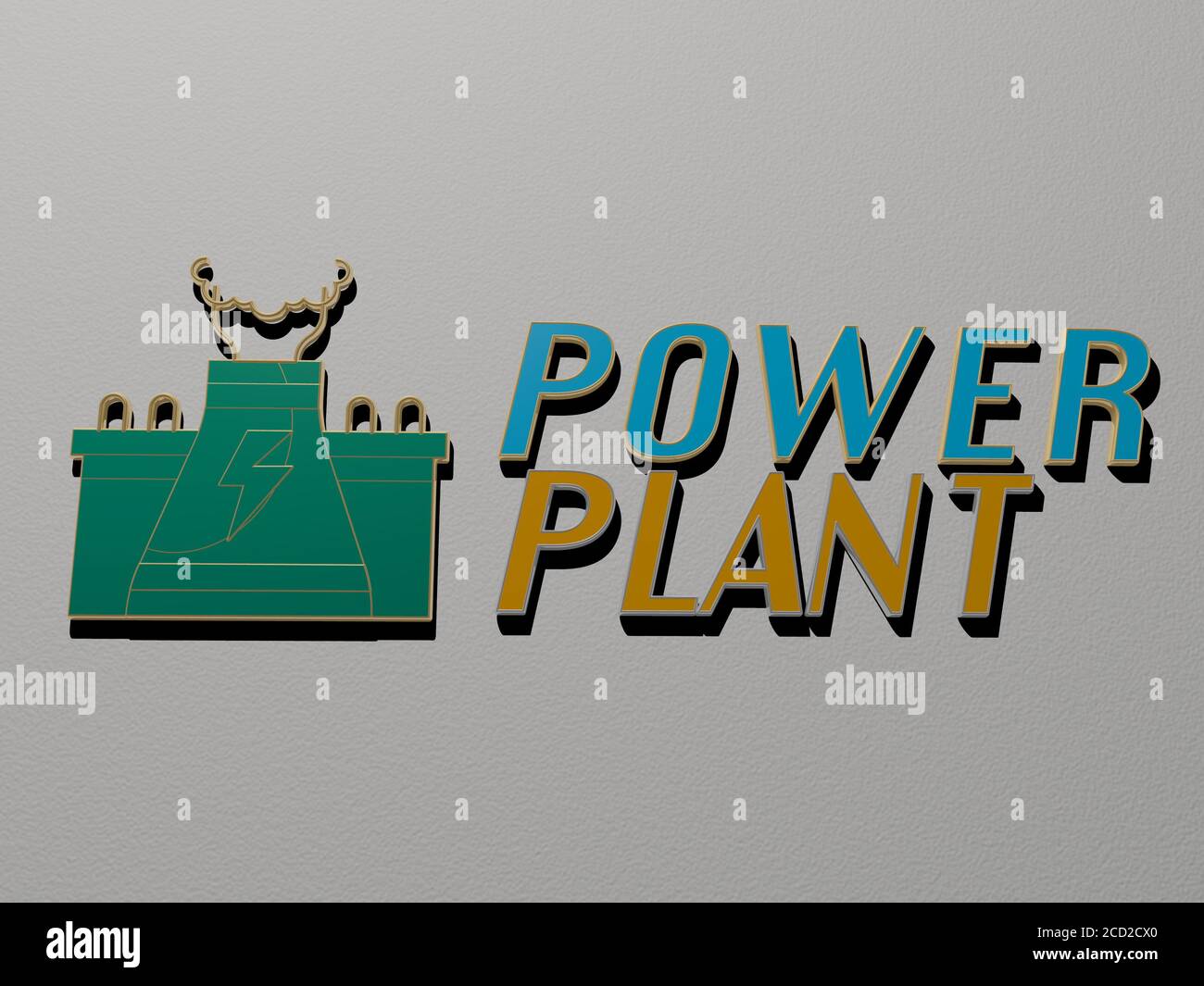 3D representation of POWER PLANT with icon on the wall and text arranged by metallic cubic letters on a mirror floor for concept meaning and slideshow presentation, 3D illustration Stock Photo