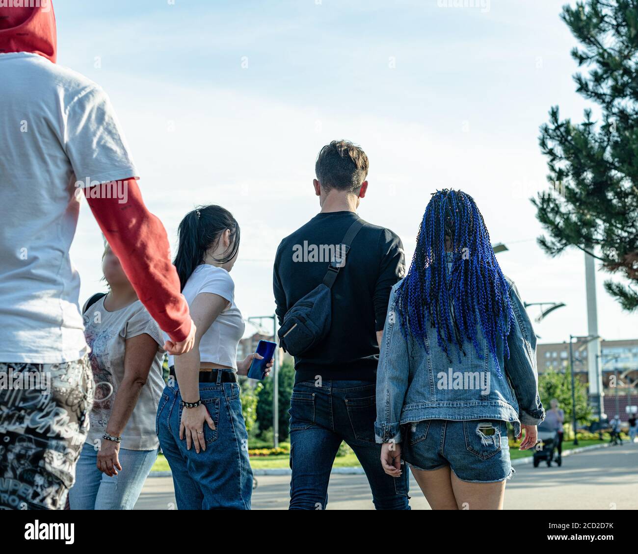 Rear view of group of young friends walking at summer park. Stock Photo