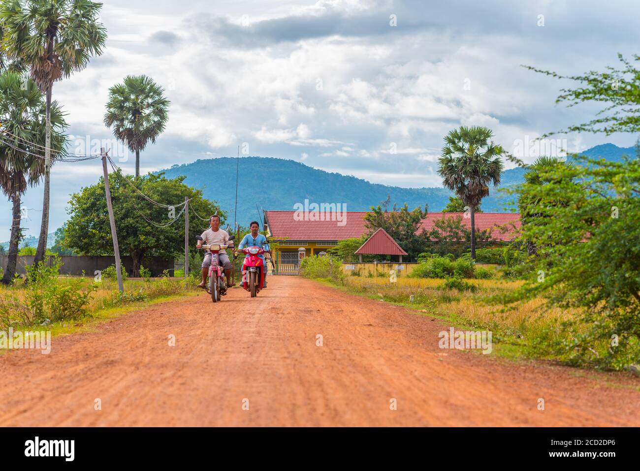 Cambodia rural scenery with two men who hold fishing rods drive motorbikes along dirt road with palmyra palm trees (Borassus flabellifer) on the side Stock Photo