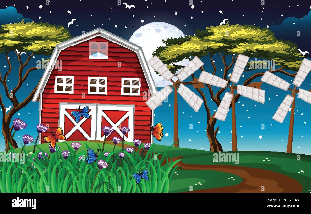Farm scene with barn and windmill at night illustration Stock Vector ...