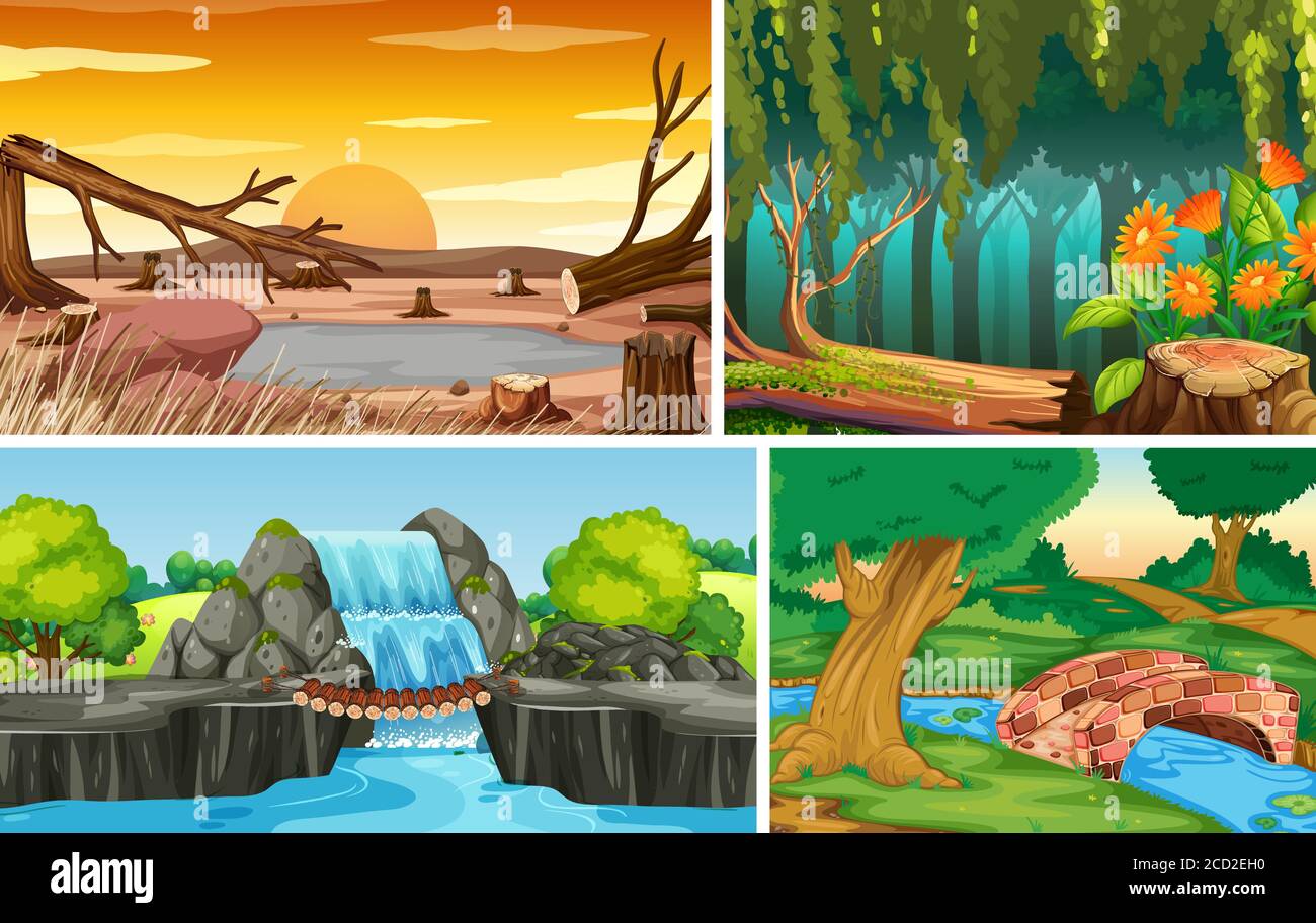 Four different nature scene of forest and water fall cartoon style ...