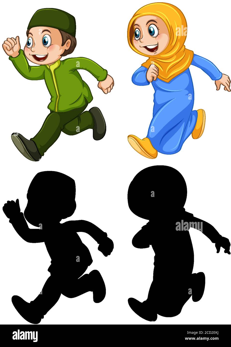Arab Muslim Boy And Girl In Traditional Clothing In Color And Silhouette Isolated On White Background Illustration Stock Vector Image Art Alamy