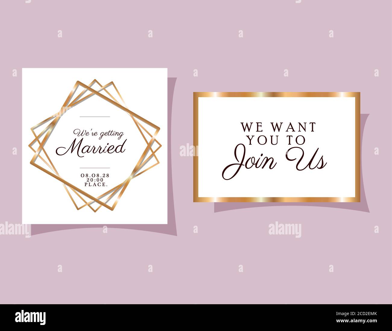 Two wedding invitations with gold ornament frames on purple background ...