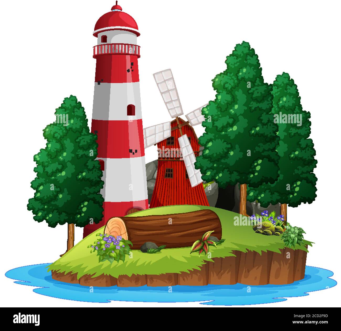 Scene with lighthouse and windmill on white background illustration ...