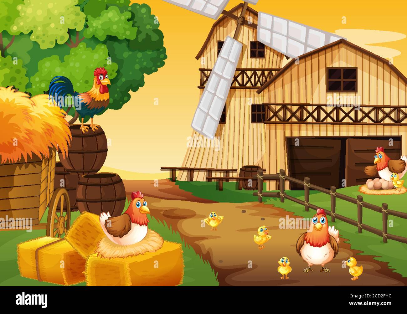 Farm scene in nature with barn and windmill and chicken illustration ...