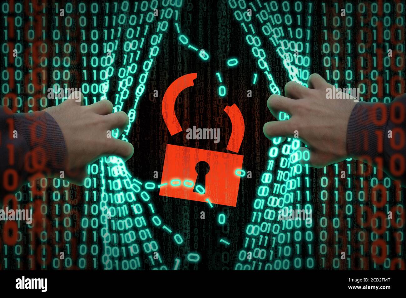 Hacker enters the computer, steals personal data. Hacking computer security system, firewall. Data security concept. Hacker hands tearing binary code Stock Photo