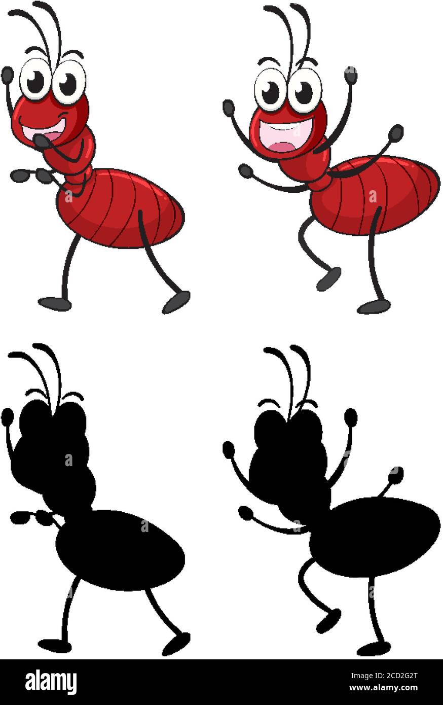 Set of insect cartoon character and its silhouette on white background ...