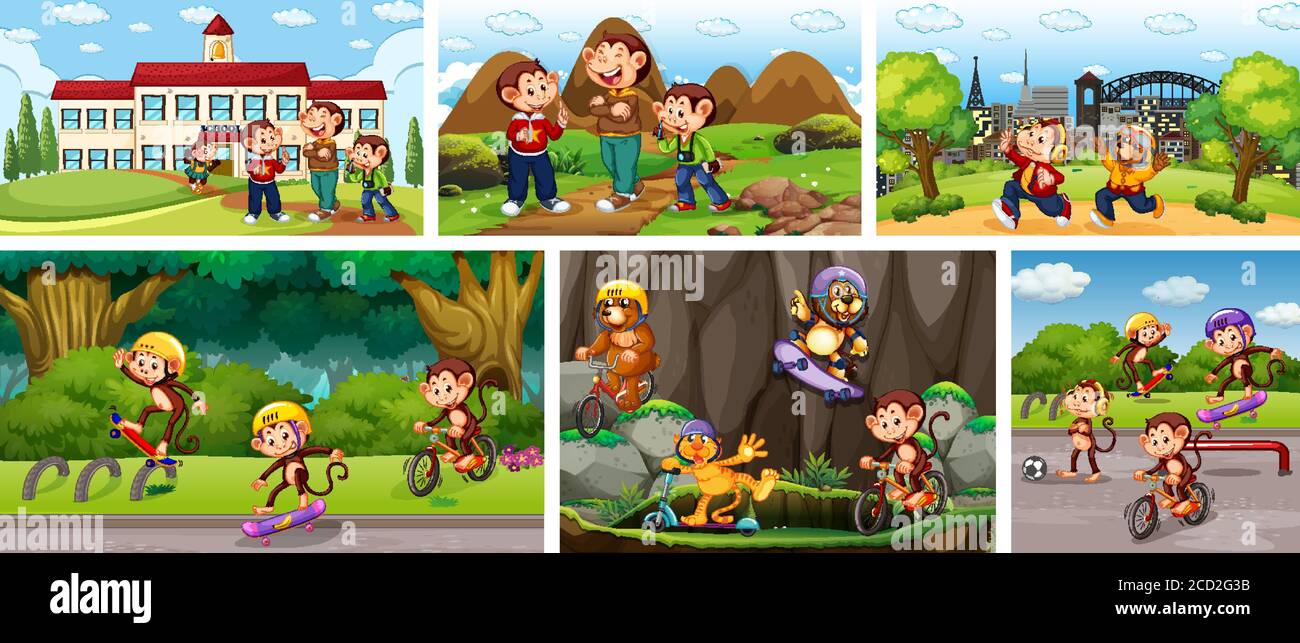 Set of monkey in different background illustration Stock Vector