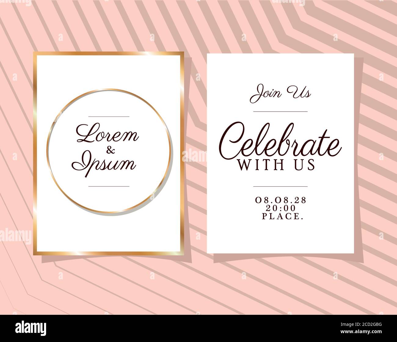 Two wedding invitations with gold ornament frames on pink background ...