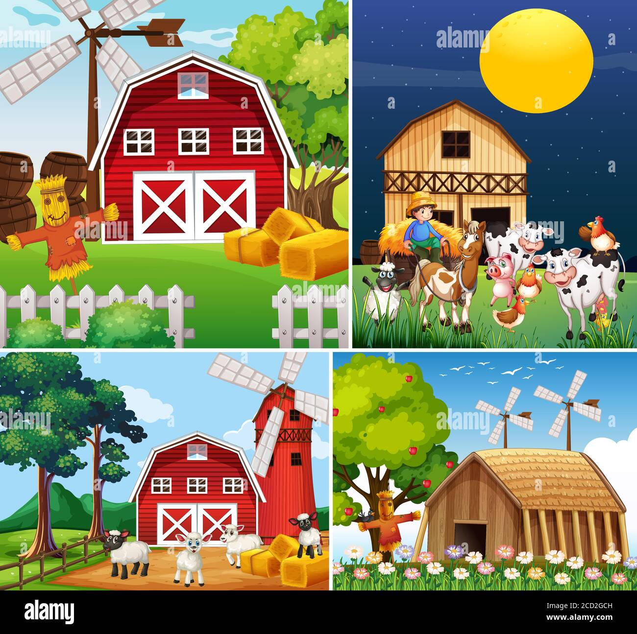 Set of different farm scenes with animal farm cartoon style ...