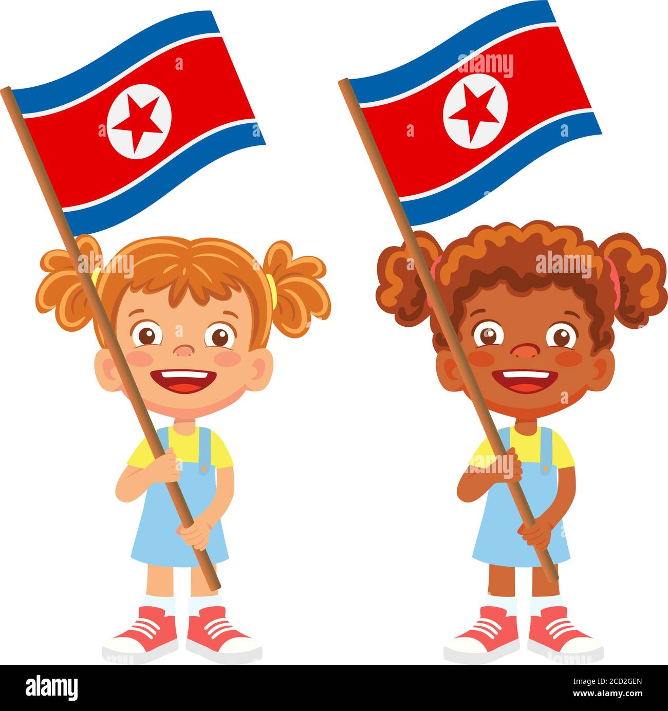 North Korea flag in hand. Children holding flag. National flag of North ...