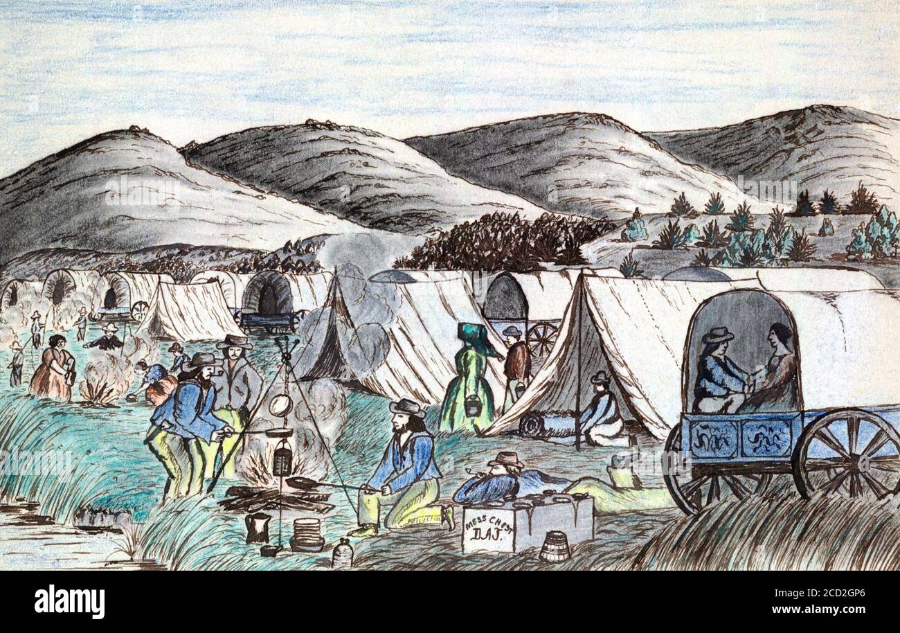 Drawing shows several tents and covered wagons encamped on the banks of the Humboldt River in western Nevada. Both women and men prepare food over open fires, haul water, and prepare bedding. In the foreground, inside a covered wagon, a couple courts. Jenks and his party reached here on Friday, July 22, 1859. 1 drawing on paper : graphite, ink, crayon and watercolor Stock Photo