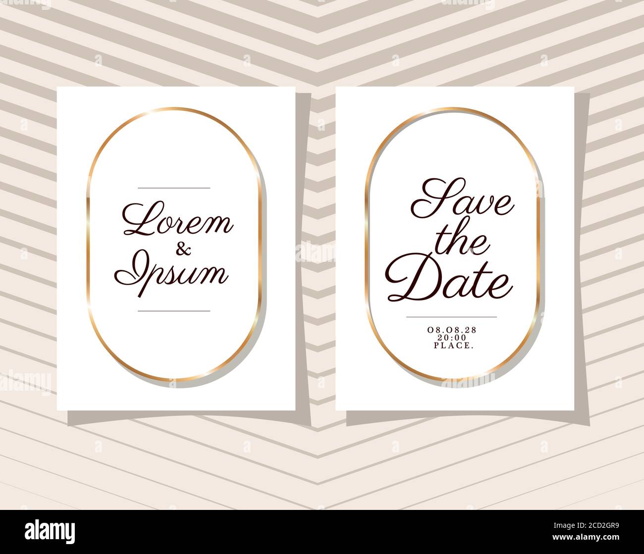Two wedding invitations with gold ornament frames on striped background ...