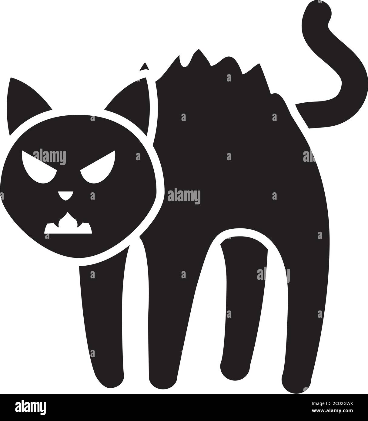 Angry black cat line and solid icon, halloween concept, hissing