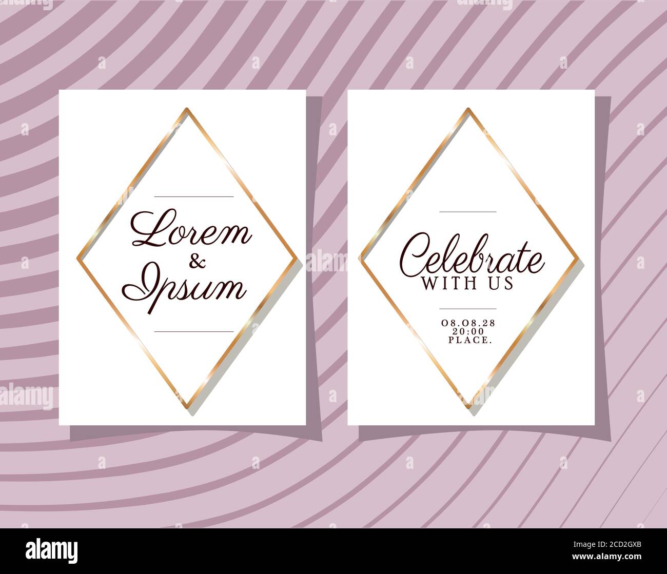 Two wedding invitations with gold ornament frames on purple background ...