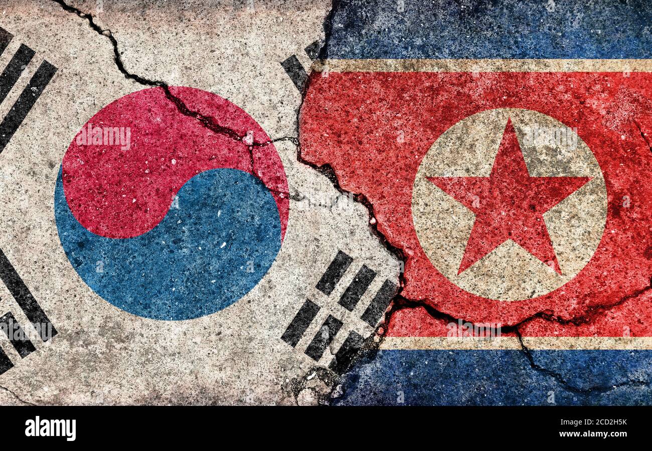 Grunge country flag illustration (cracked concrete background) / South korea vs North korea (Political or economic conflict) Stock Photo