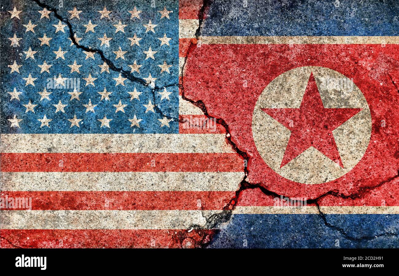 Grunge country flag illustration (cracked concrete background) / USA vs North korea (Political or economic conflict) Stock Photo