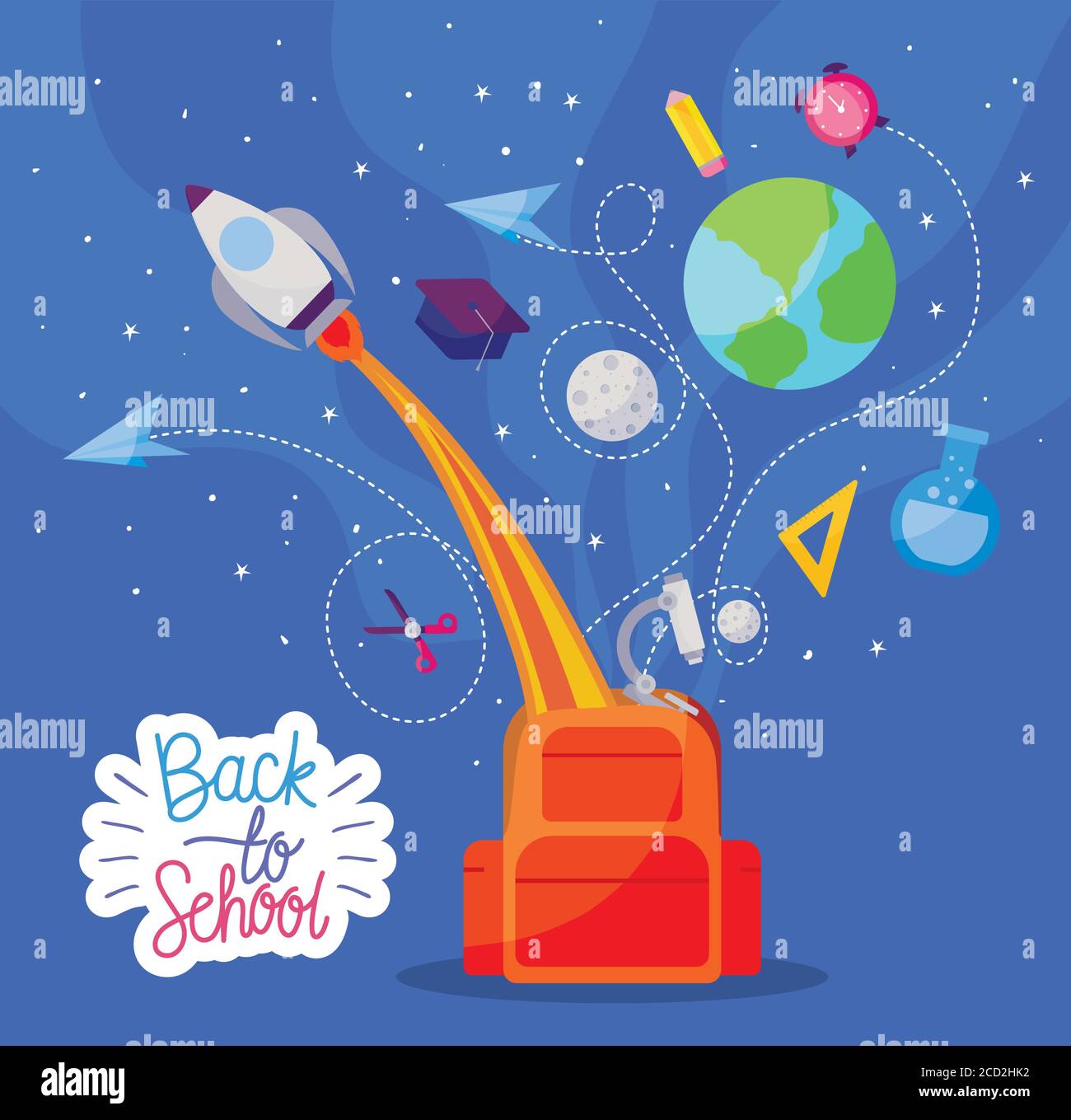 bag with rocket and icon set design, Back to school eduacation class ...
