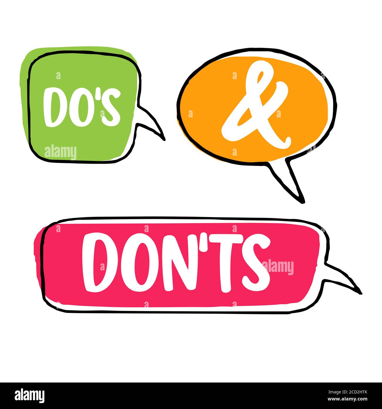 Do's and Don'ts. Vector hand drawn speech bubbles, label, badge, sticker illustration on white background Stock Vector