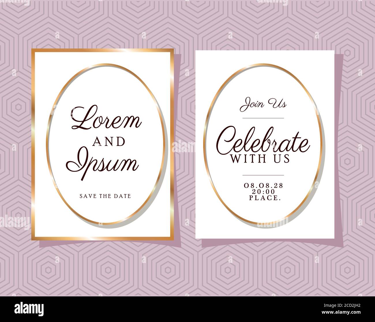 Two wedding invitations with gold ornament frames on purple background ...