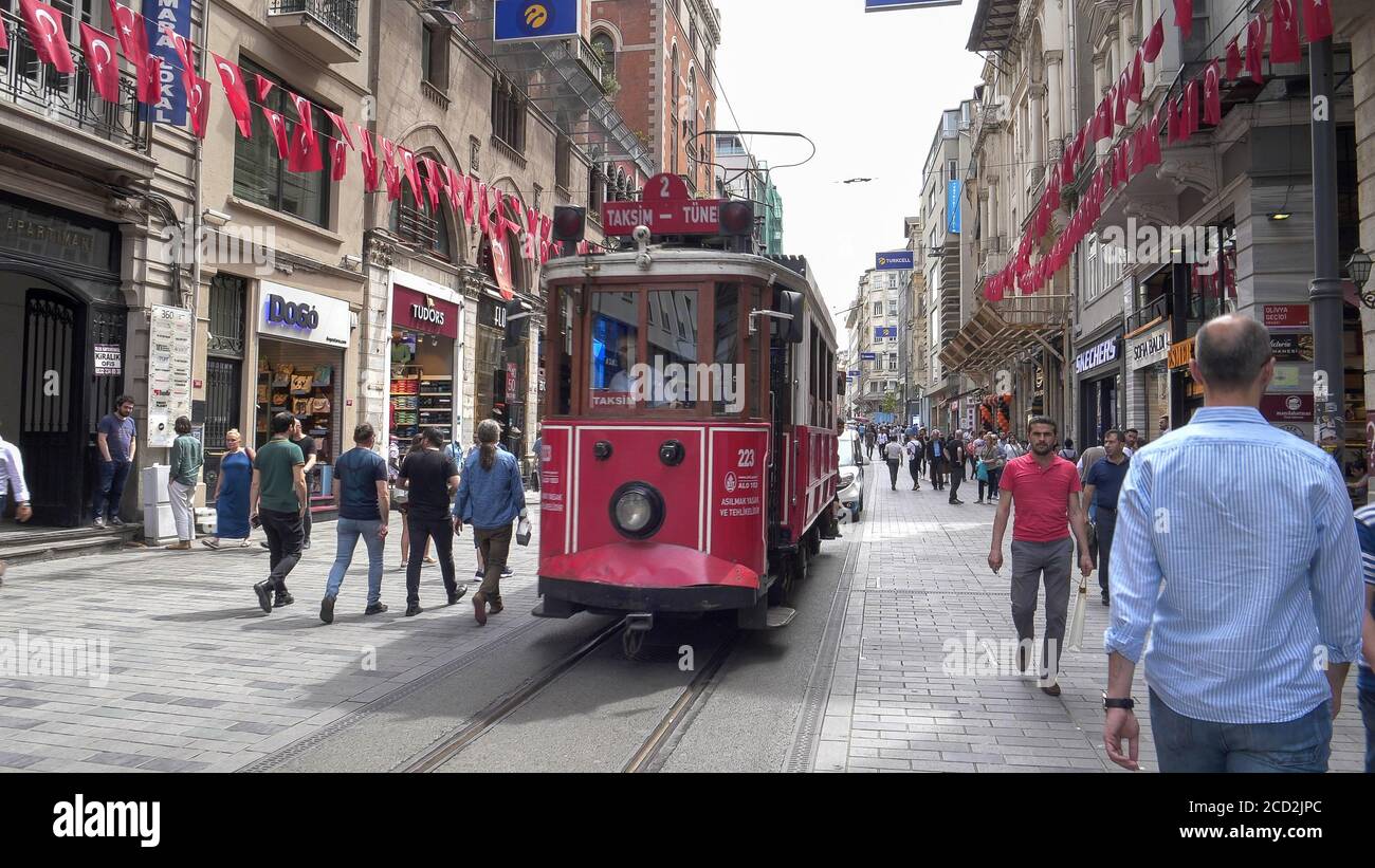 ISTANBUL, TURKEY - MAY, 22, 2019: looking towards the taksim-tunel tram in istanbul Stock Photo