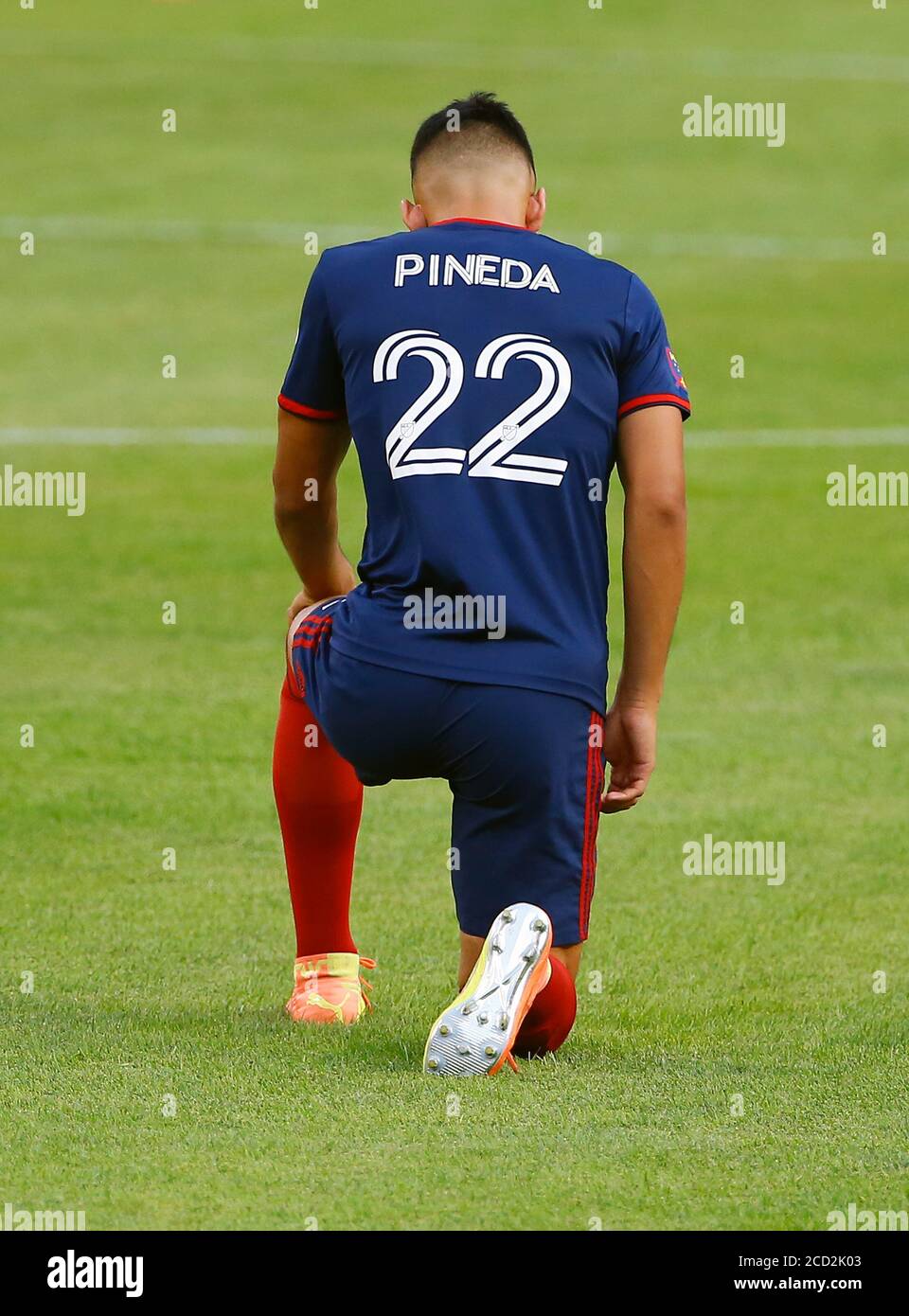 Chicago Fire FC Mauricio Pineda (22) takes a knee in honor of Black Lives Matter before the Major League Soccer (MLS) Chicago Fire FC takes on FC Cinc Stock Photo