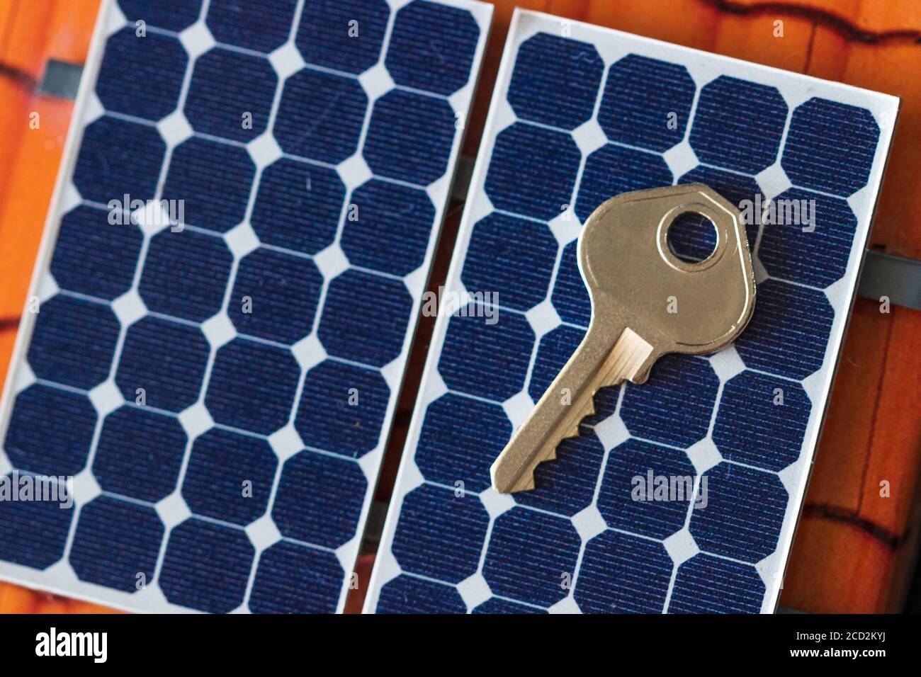 Padlock with key on photovoltaic solar panel on black background Stock ...