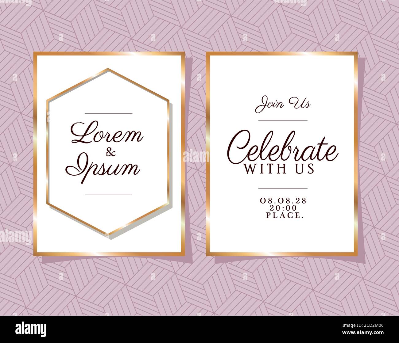 Two wedding invitations with gold ornament frames on purple background ...