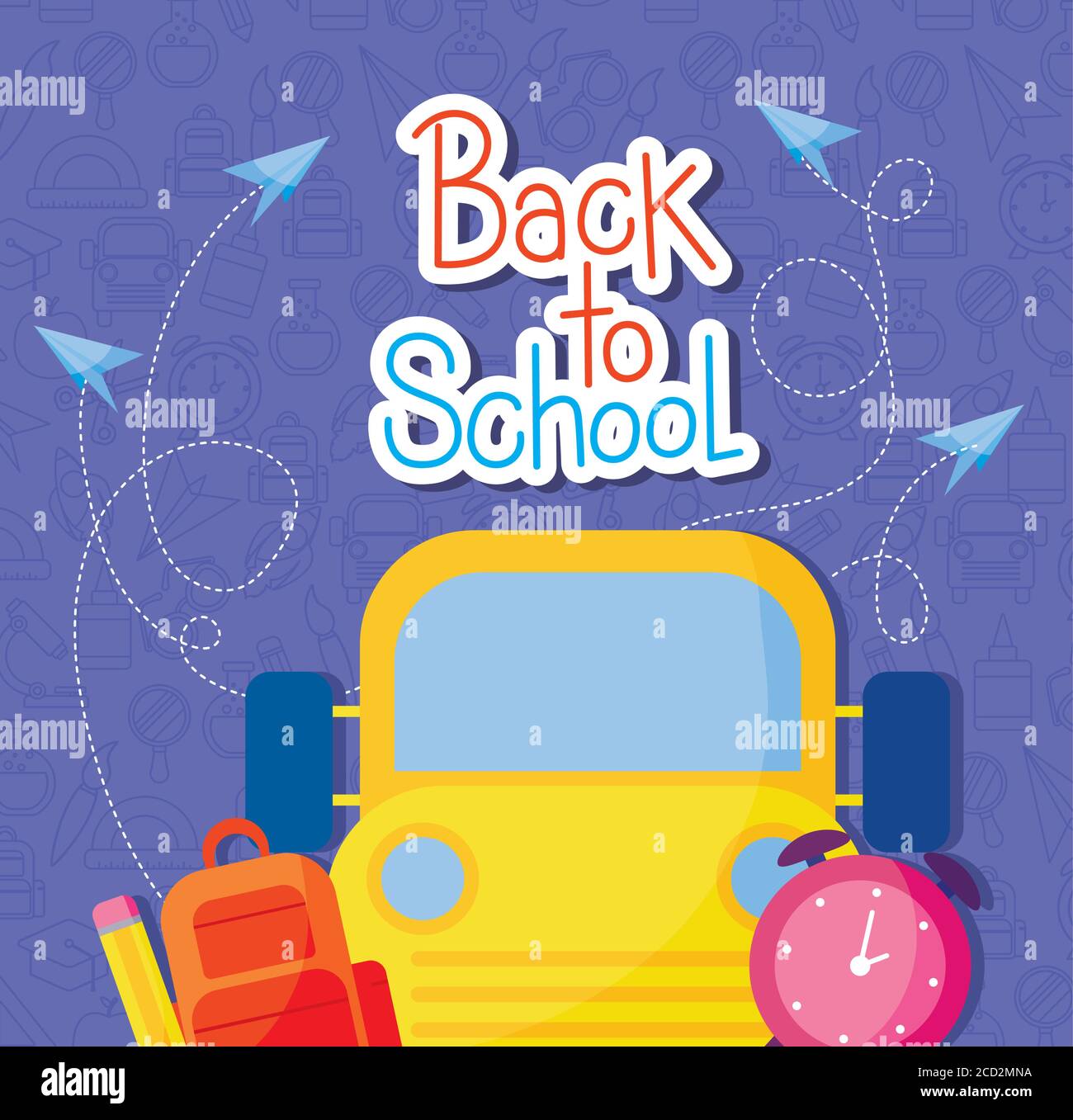 yellow bus with paperplanes pencil bag and clock design, Back to school ...