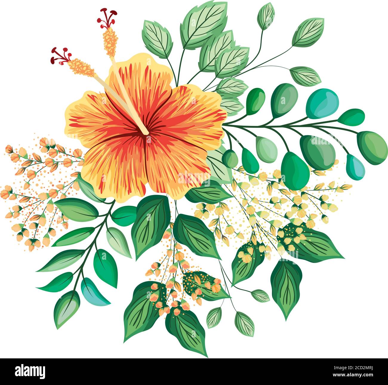 orange hawaiian flower with buds and leaves painting design, natural ...