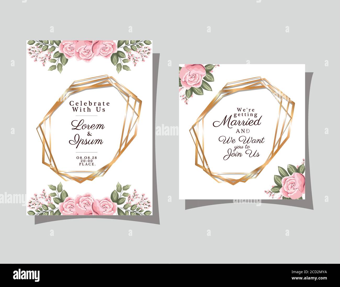Two wedding invitations with gold ornament frames and roses flowers on ...