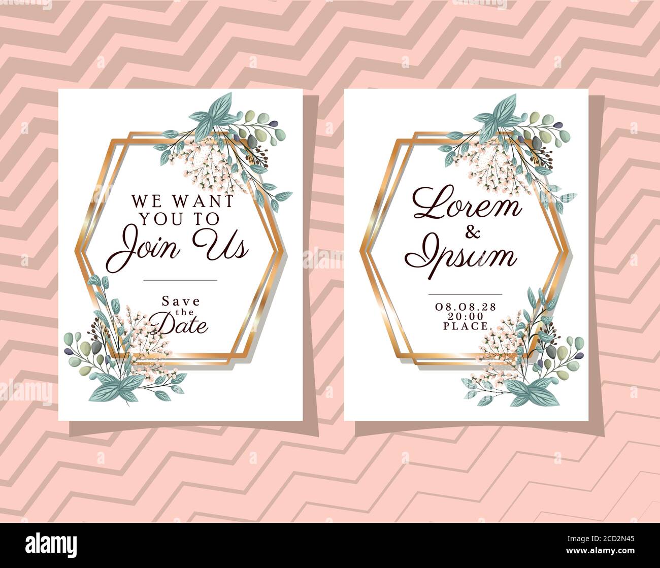 Two wedding invitations with gold ornament frames and buds flowers and ...