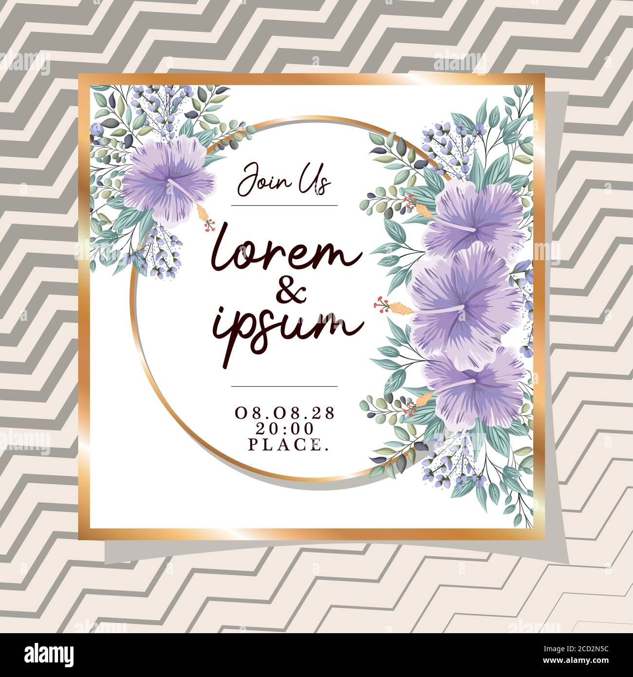 Wedding invitation with gold ornament frame and hwaiian flowers on striped background  design, Save the date and engagement theme Vector illustration Stock Vector  Image & Art - Alamy