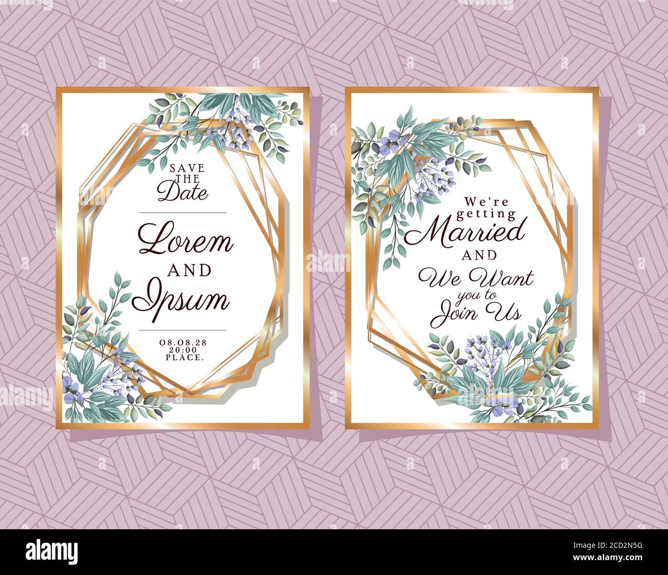 Two wedding invitations with gold ornament frames and buds flowers and ...