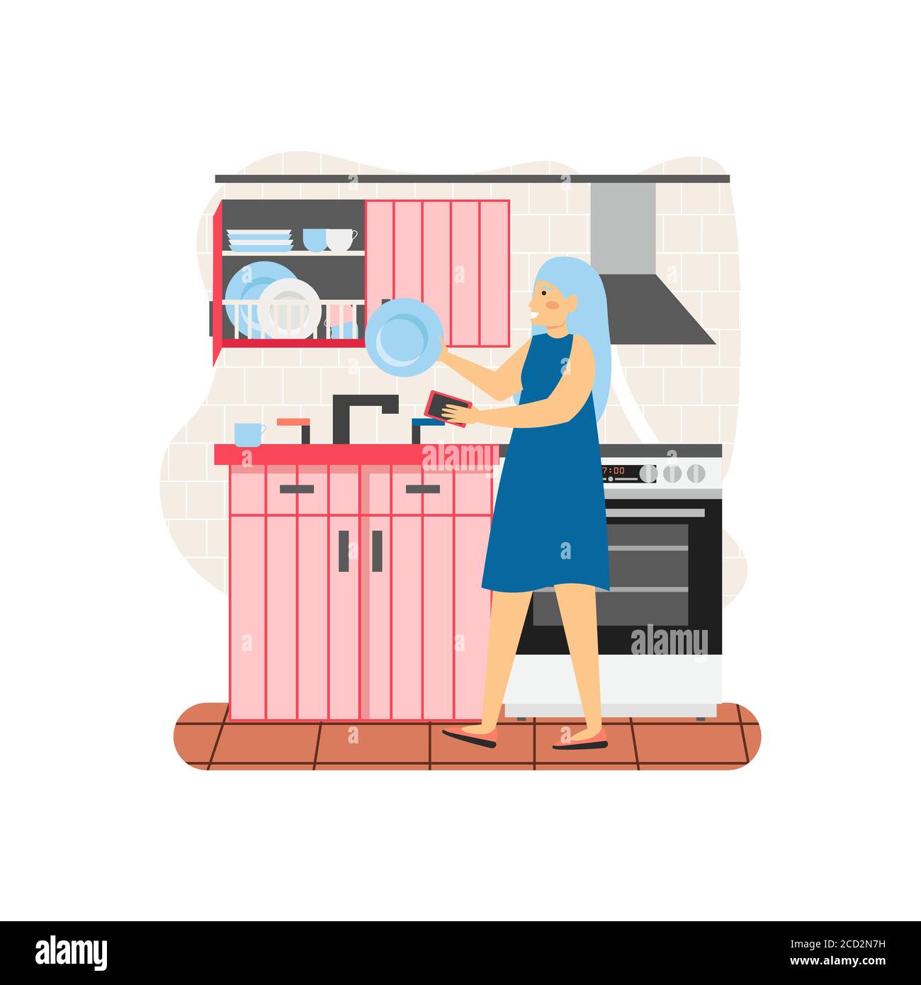 Cartoon housewife washing dishes hires stock photography and images