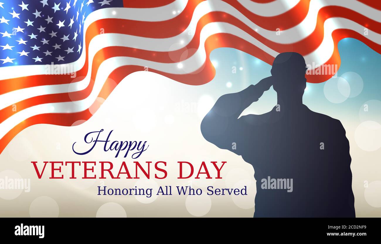 Happy veterans day banner. Waving american flag, silhouette of a saluting  us army soldier veteran on bokeh sky background. US national day november  11 Stock Vector Image & Art - Alamy