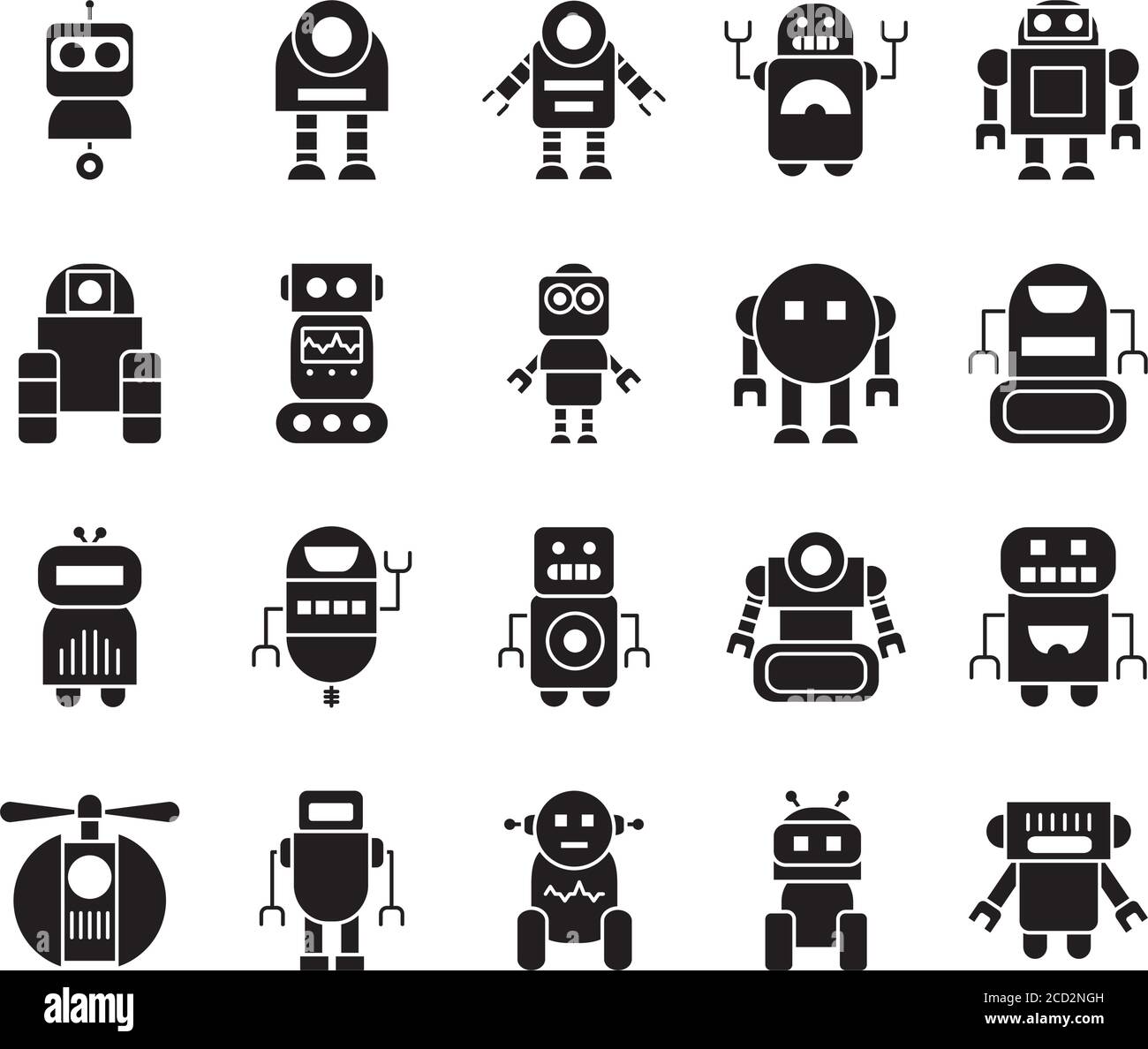icon set of cartoon robots and robotics over white background ...
