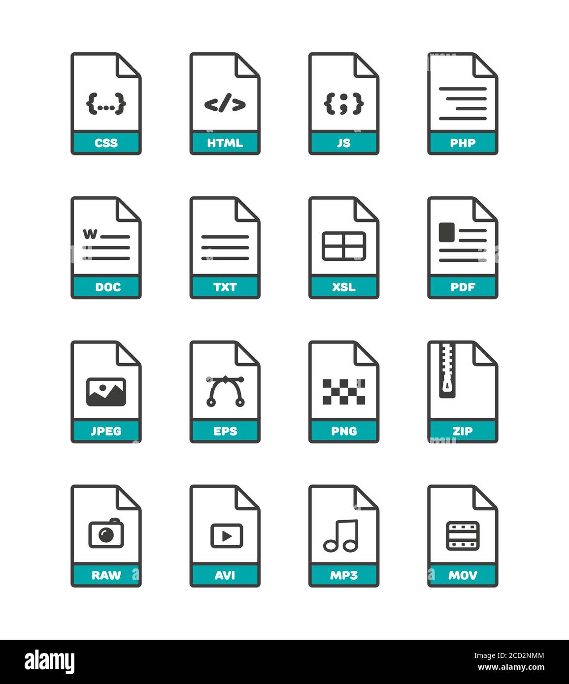Linear thin vector file format icons set, document outline icons. File format icons with images of formats. File format label icons for web and mobile Stock Vector