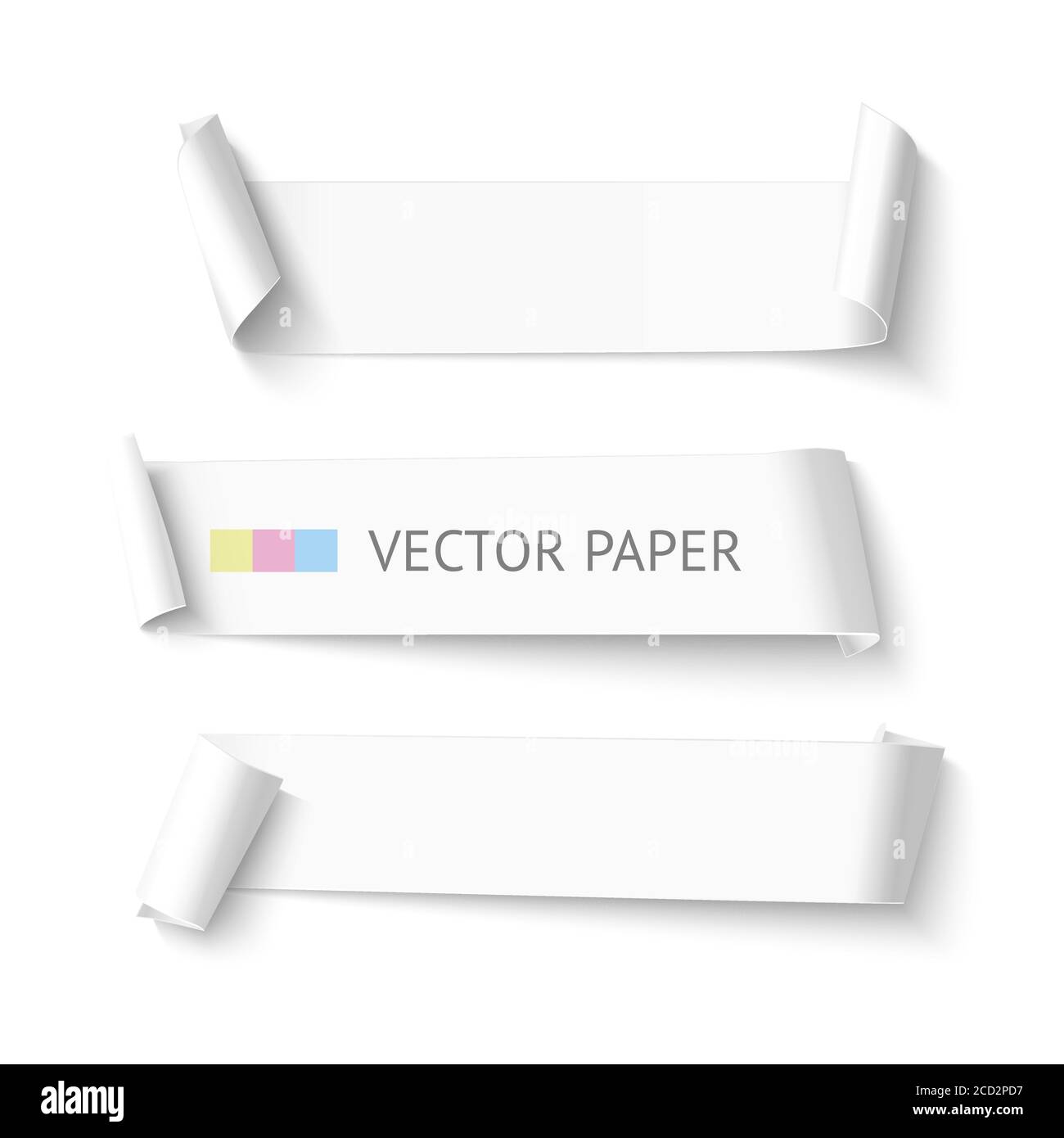 Set of horizontal blank white curved paper ribbon banner. Realistic vector template curved paper
