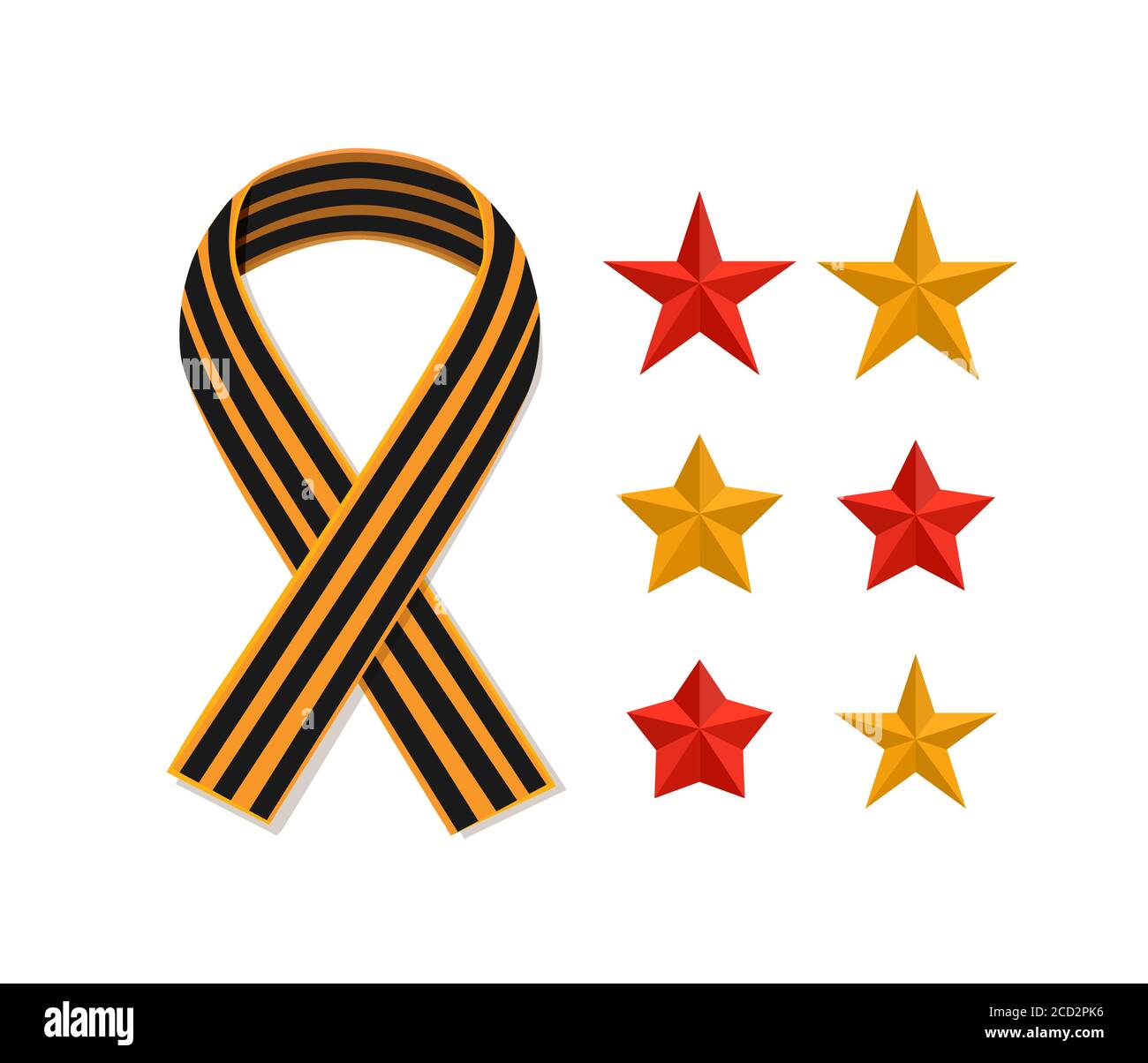 St George striped black and orange ribbon and stars isolated on white. Vector symbol ribbon of great patriotic war Victory day. Saint George ribbon lo Stock Vector