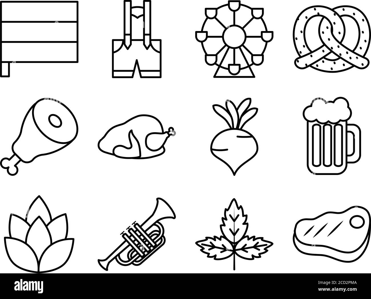 pretzel and oktoberfest icon set over white background, line style ...
