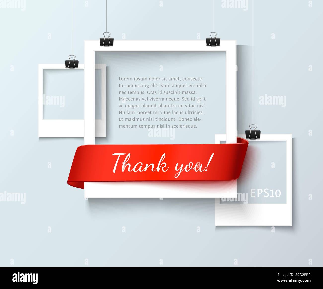 Paper photo frames composition. Vector photo frame template with red ribbon ant text Thank You for web sites and presentation. Photo frames illustrati Stock Vector